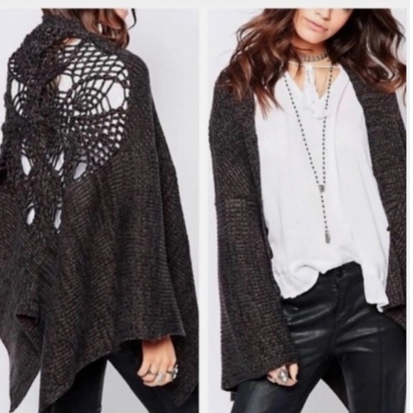 Free People Sweaters - Free People 90s Open Front Knit Cape with Crochet Back Boho Festival One size